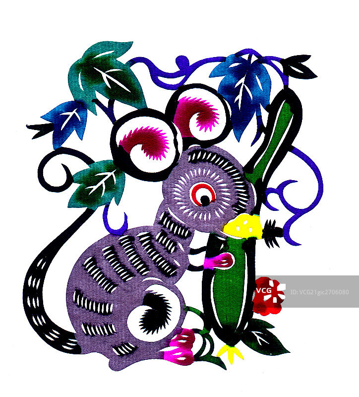 剪纸-老鼠挑豆彩色图片素材