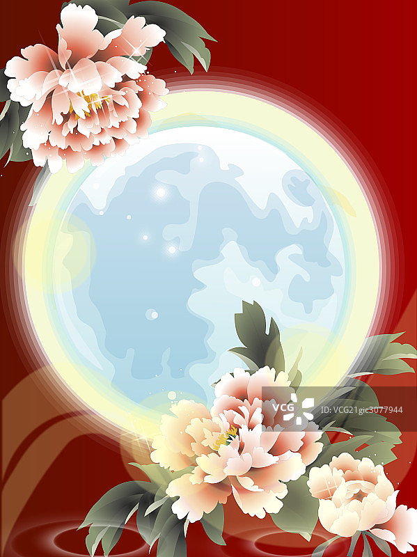 插画月亮牡丹花图片素材