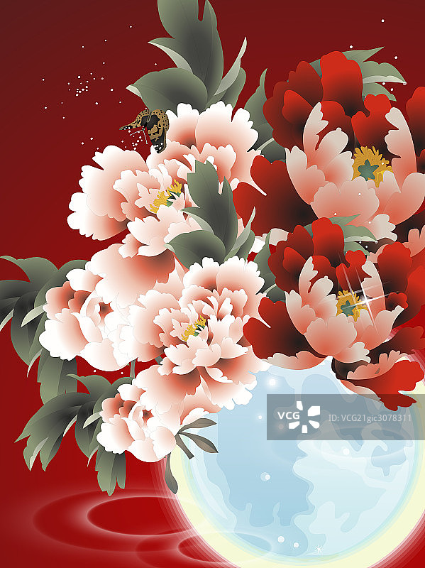 插画月亮牡丹花图片素材