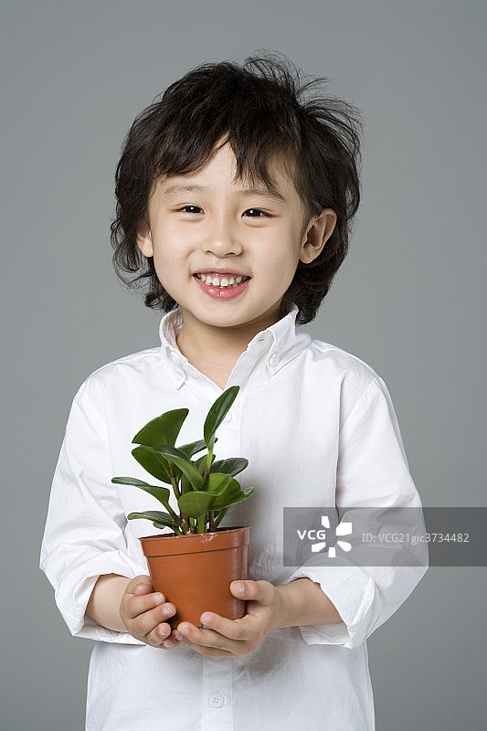 小男孩手捧盆栽图片素材