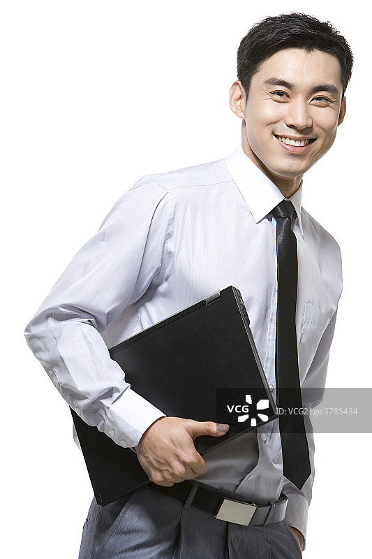 商务男士手拿笔记本电脑图片素材