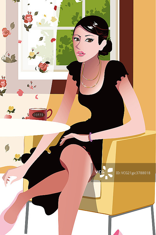 花窗前的性感小野猫在喝咖啡图片素材