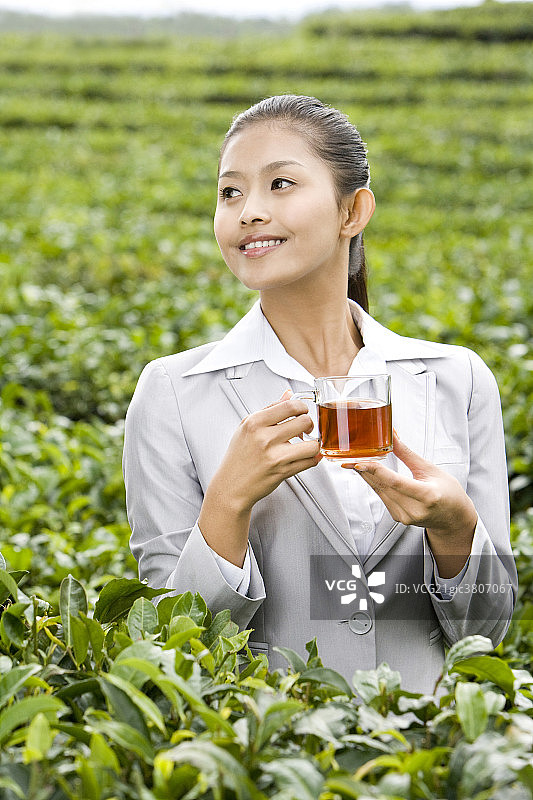 商务女士在茶园喝茶图片素材