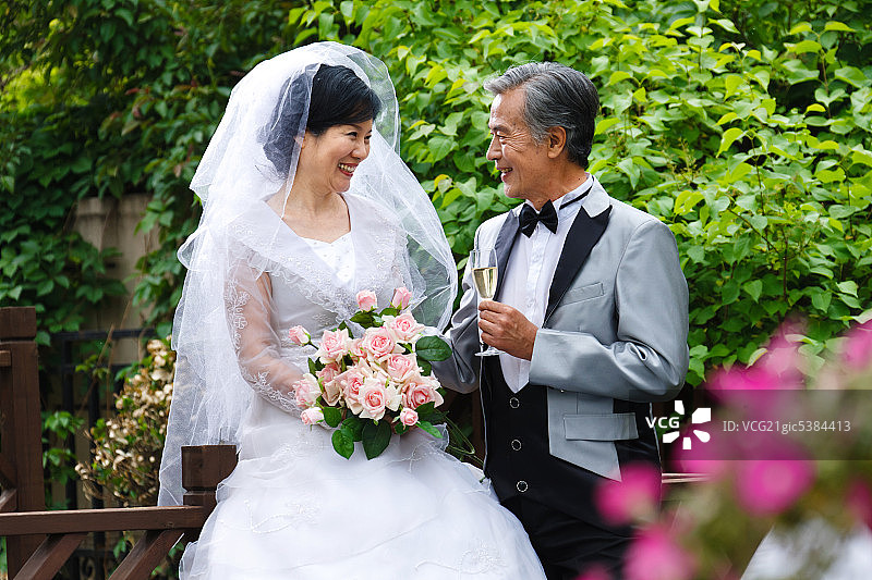 东方老年夫妇穿婚纱图片素材