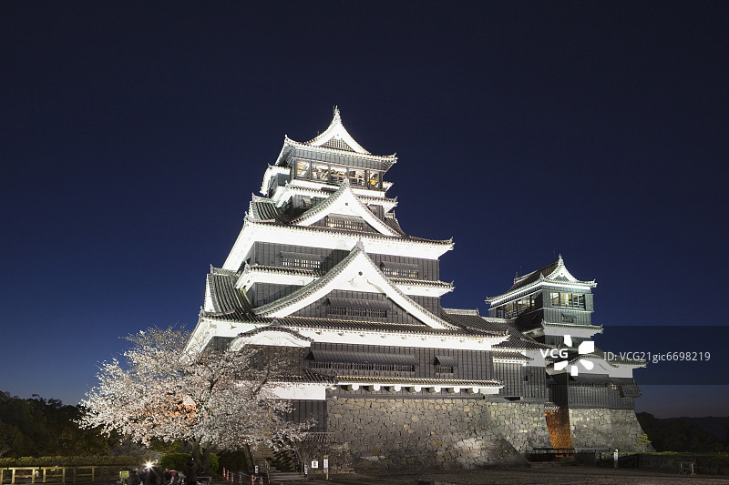 中国九州熊本城樱花夜景图片素材