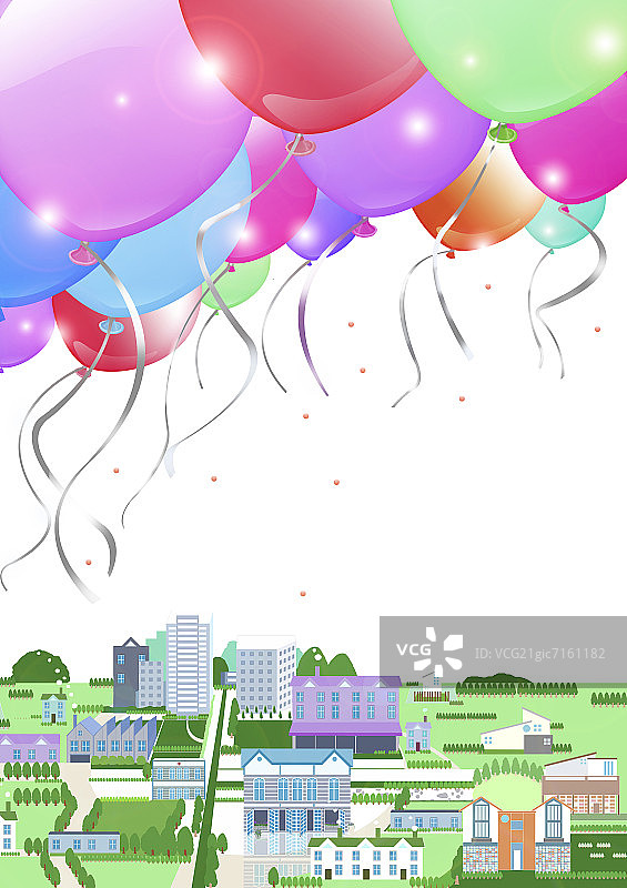 漂浮在小城市上空的气球图片素材