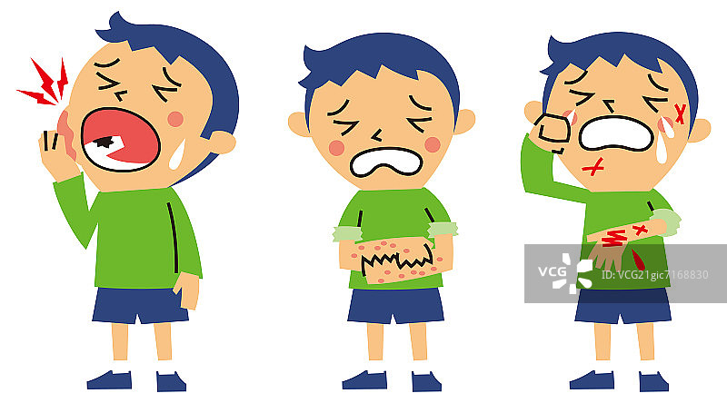 牙痛、皮疹和受伤的男孩插画图片素材