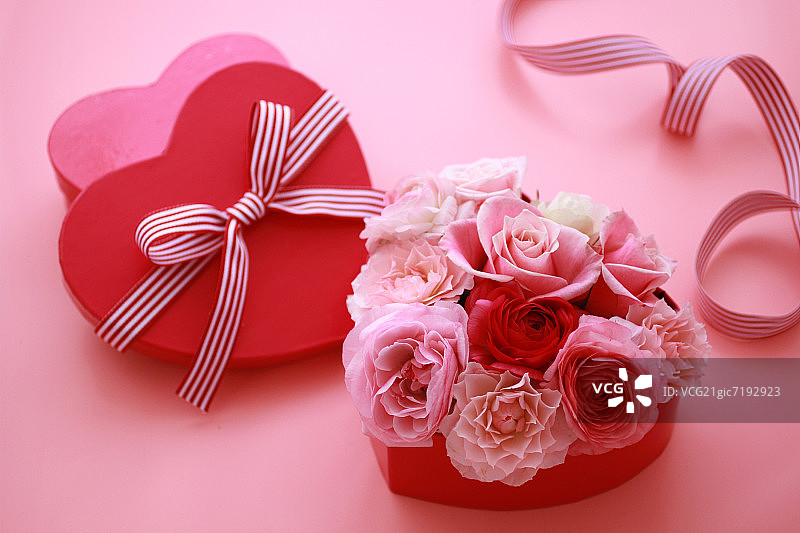 礼品盒中的粉色和红色玫瑰图片素材