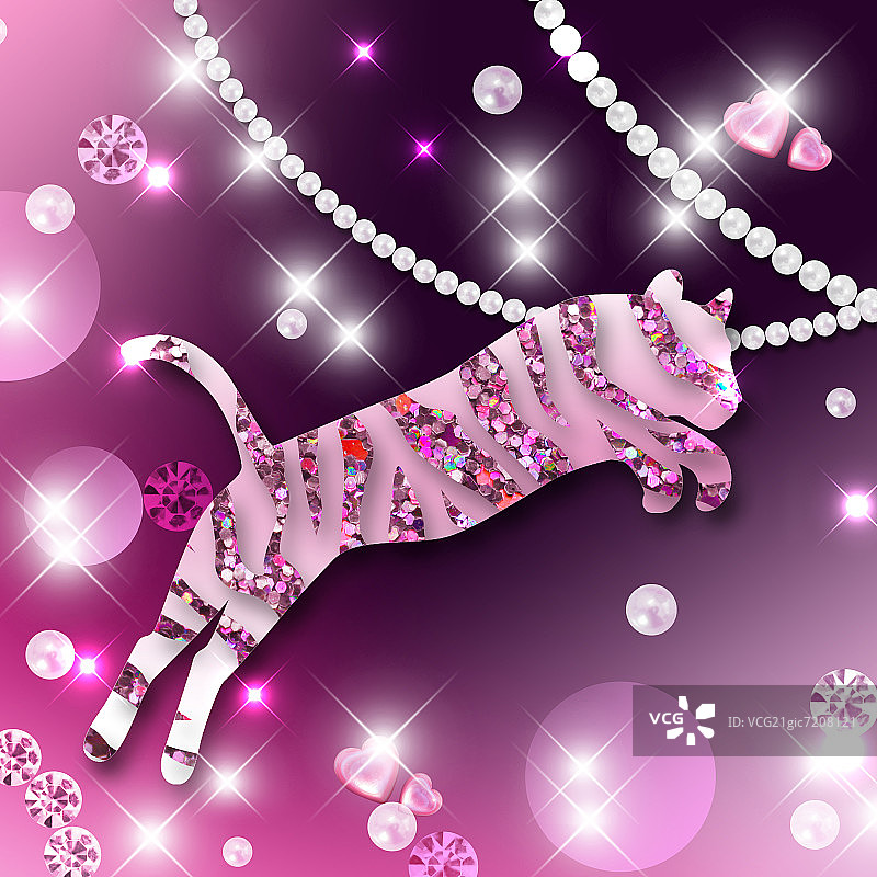 粉色闪光老虎，珍珠项链和粉色钻石，粉色虎纹背景图片素材