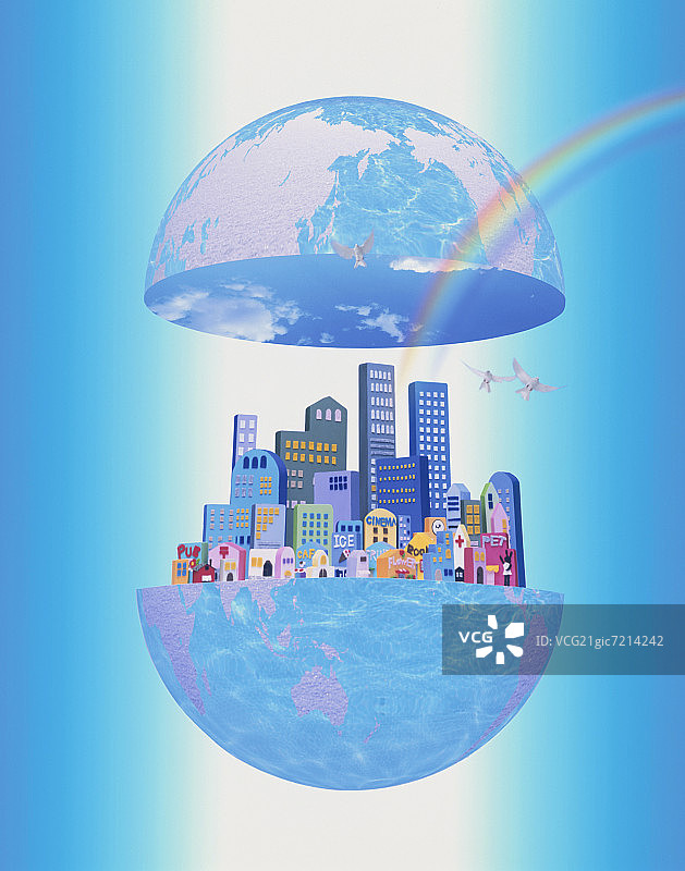 剖开的地球，展现彩虹与鸽子的城市图片素材