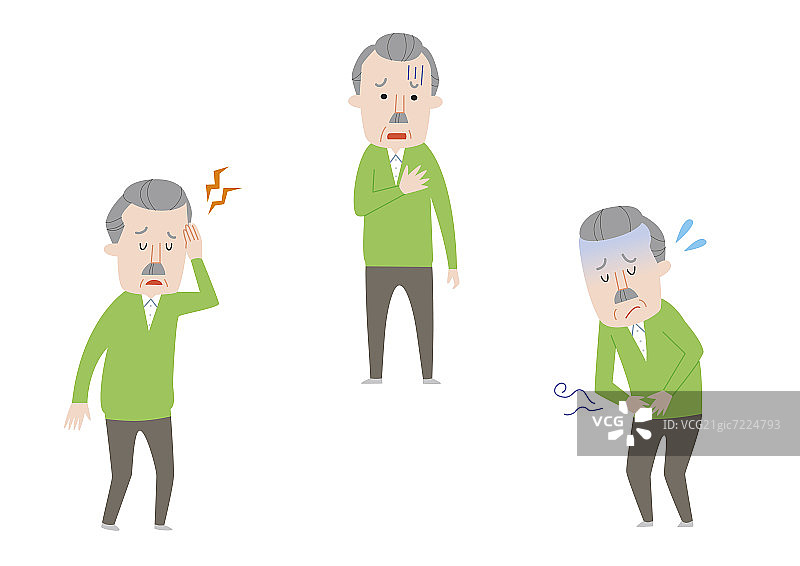 老年男人头痛、胸痛和抽筋插画图片素材