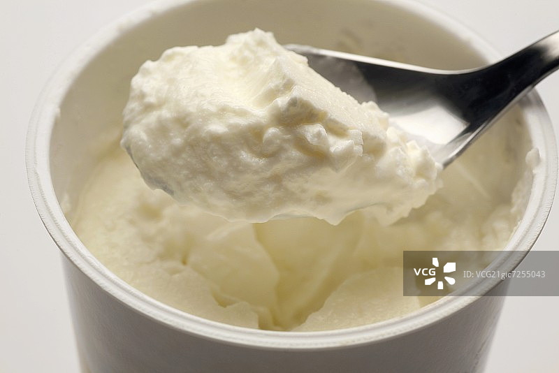 罐装和勺子里的绵羊奶酸奶图片素材