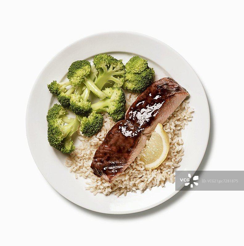 西兰花米饭照烧三文鱼晚餐图片素材