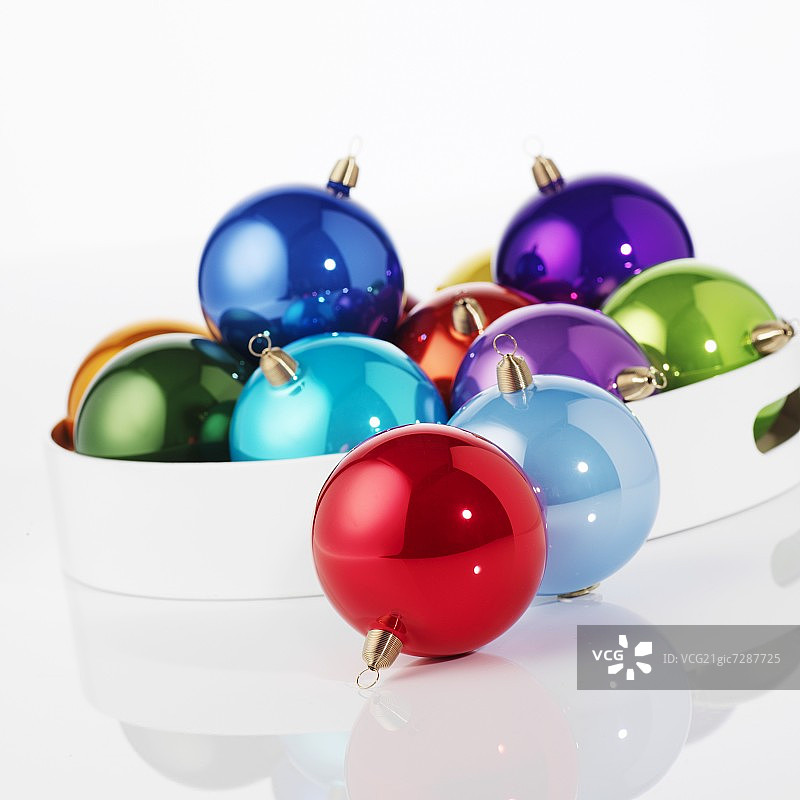 托盘上闪亮的彩色圣诞球图片素材