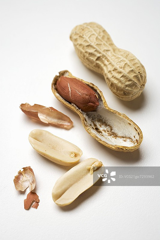 两颗花生，一颗去壳，一颗未去壳图片素材