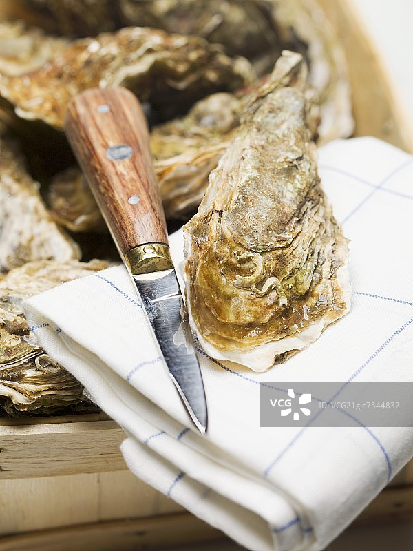 木片篮和茶巾上的牡蛎与刀具图片素材