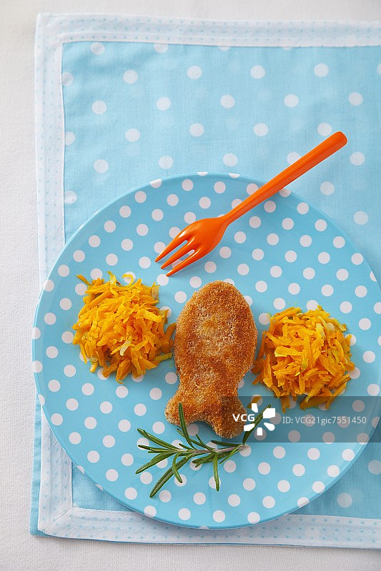 鱼形鱼片配胡萝卜丝俯视图图片素材