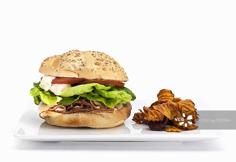 配生菜、番茄和蛋黄酱的火鸡肉三明治；薯条图片素材