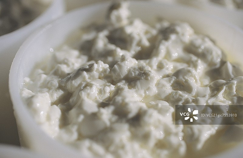 制作芒斯特奶酪：模具中的新鲜凝乳（法国）图片素材