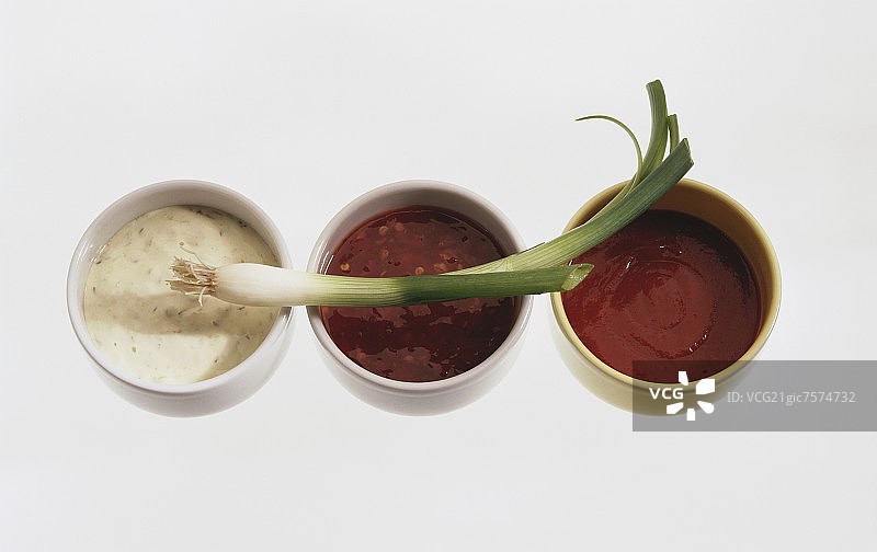 三种烧烤酱和葱图片素材