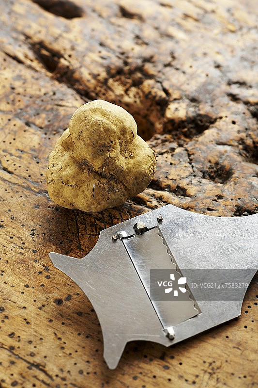 白阿尔巴松露与松露切片器在木质背景上图片素材