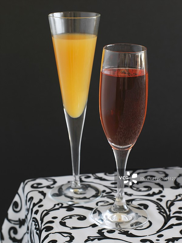 玻璃杯中的两杯派对鸡尾酒：基尔橙子和阿玛雷娜樱桃图片素材