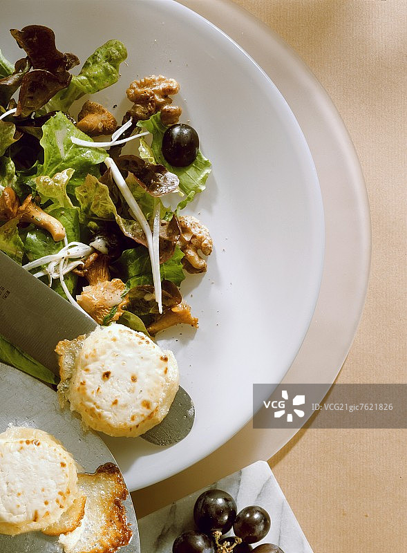 橡树叶沙拉配鸡油菌和山羊奶酪图片素材
