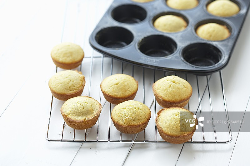 装有纸杯蛋糕的玛芬烤盘图片素材