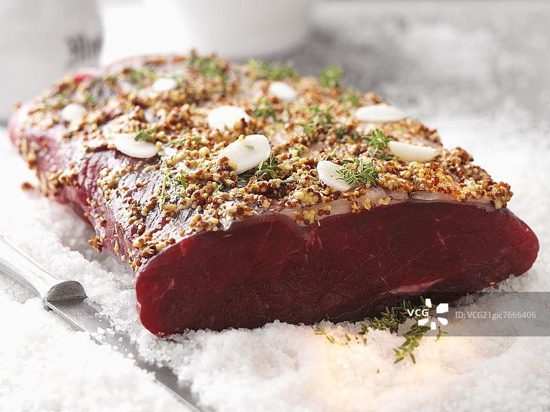 盐床上配芥末和大蒜腌料的生牛腰肉图片素材