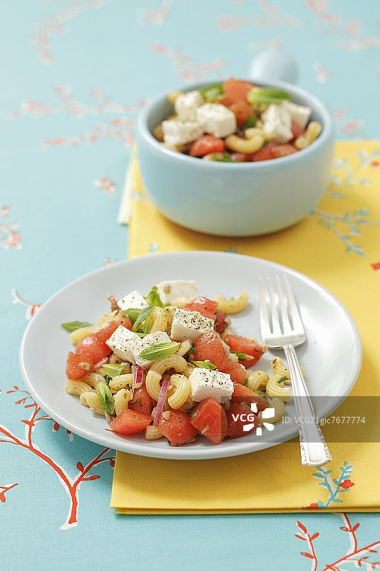 含西瓜和羊乳酪的意大利面沙拉图片素材