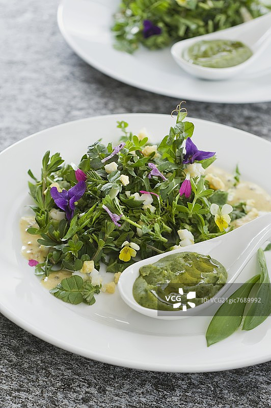 含绿色豌豆和野蒜慕斯的春季香草沙拉图片素材