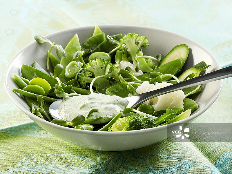 薄荷酸奶和软奶酪调味绿色蔬菜沙拉图片素材