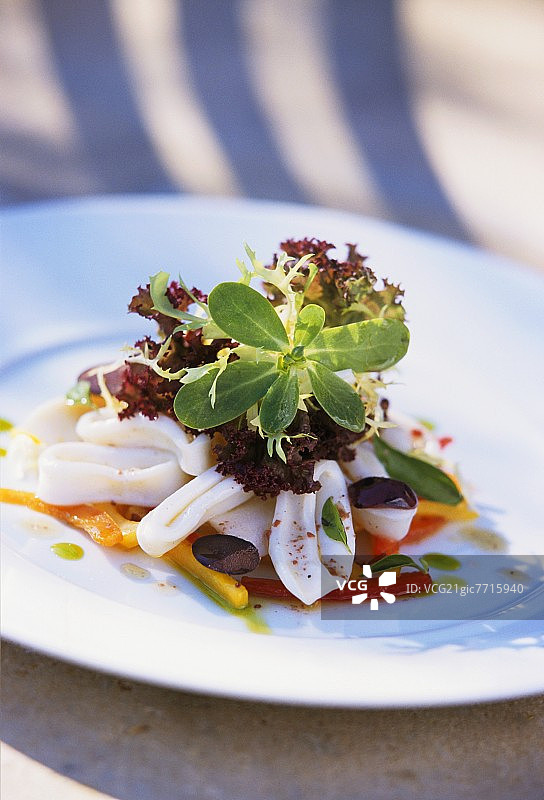 乌贼沙拉配辣椒条和沙拉叶图片素材