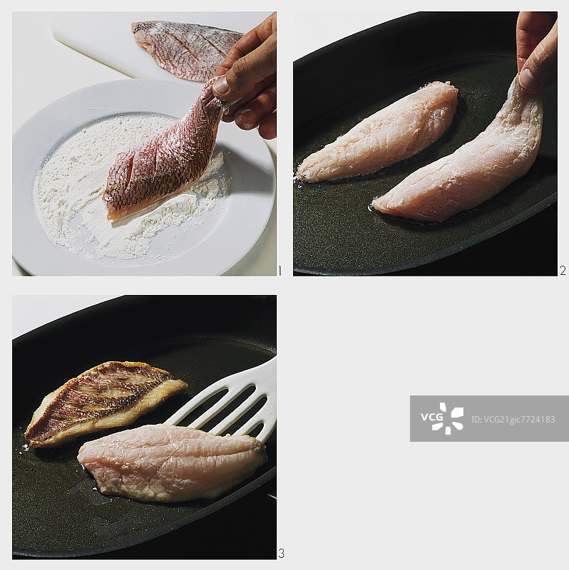 用面粉包裹红鲷鱼并煎炸图片素材