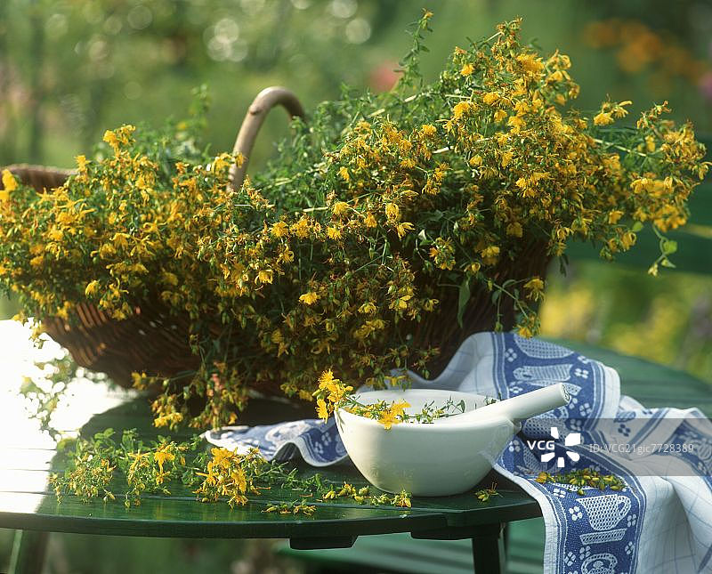 篮子和研钵里的金丝桃图片素材