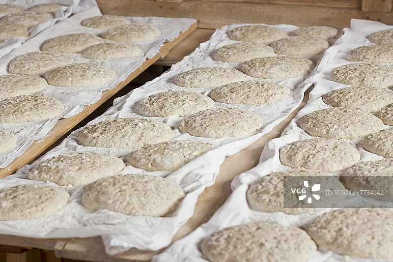 亚麻布上成排的未烘烤面包图片素材