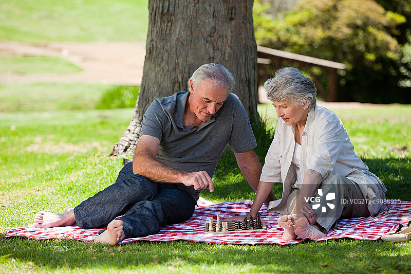 年长的夫妇在户外下棋图片素材