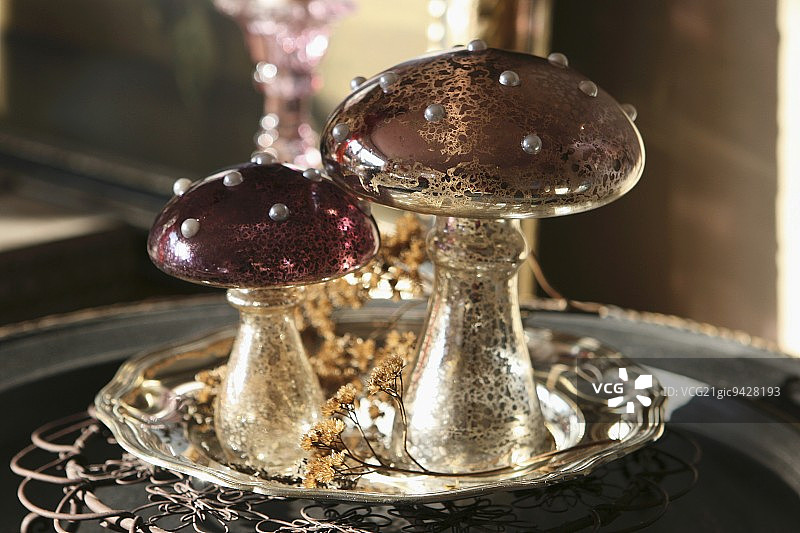 银色托盘上的玻璃毒蝇伞图片素材