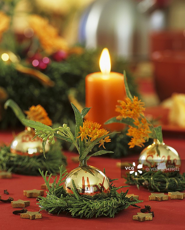 圣诞装饰：圣诞树彩球与丝苇图片素材