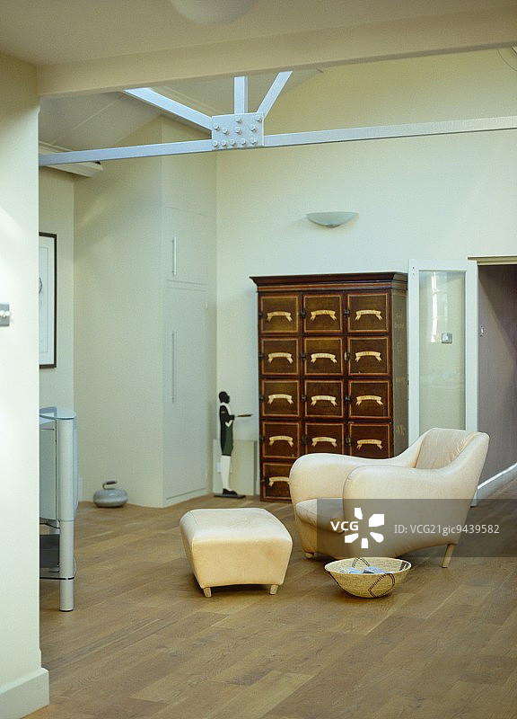 仓库房间中央的软垫扶手椅和脚凳图片素材