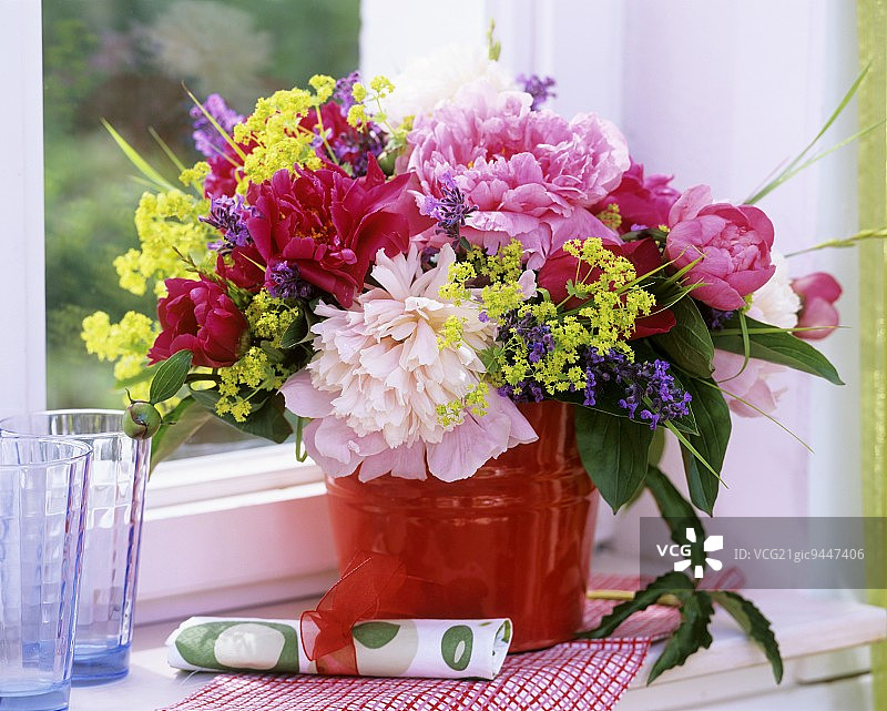 芍药、斗篷草和猫薄荷的组合图片素材