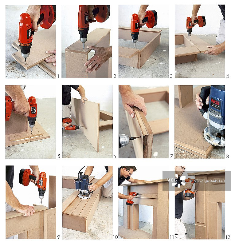 DIY步骤——男人建造木制壁炉台图片素材