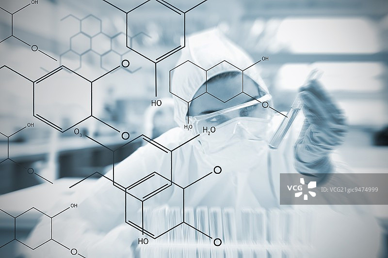 化学家小心谨慎地使用液体，未来主义界面显示柔焦效果的公式图片素材