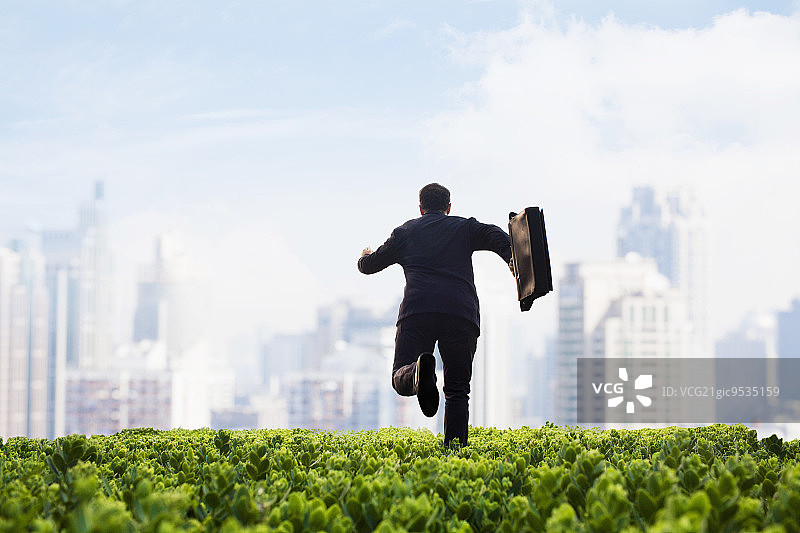 商务人士在绿色田野中奔向城市，手提公文包图片素材