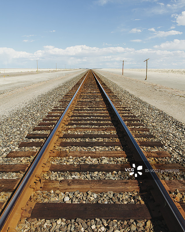 延伸穿过犹他州温多弗附近沙漠的铁路图片素材