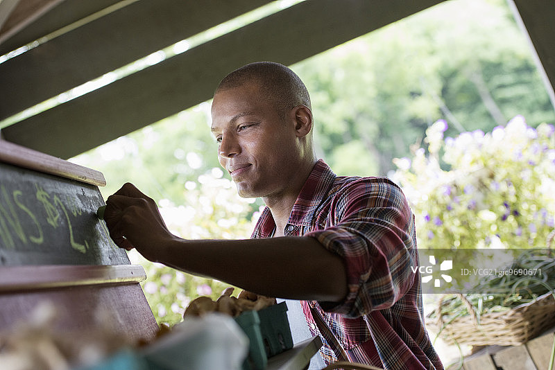 有机水果摊，一位男士在黑板上写价格。图片素材