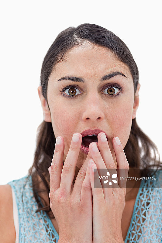 震惊的女人做手势的半身像图片素材