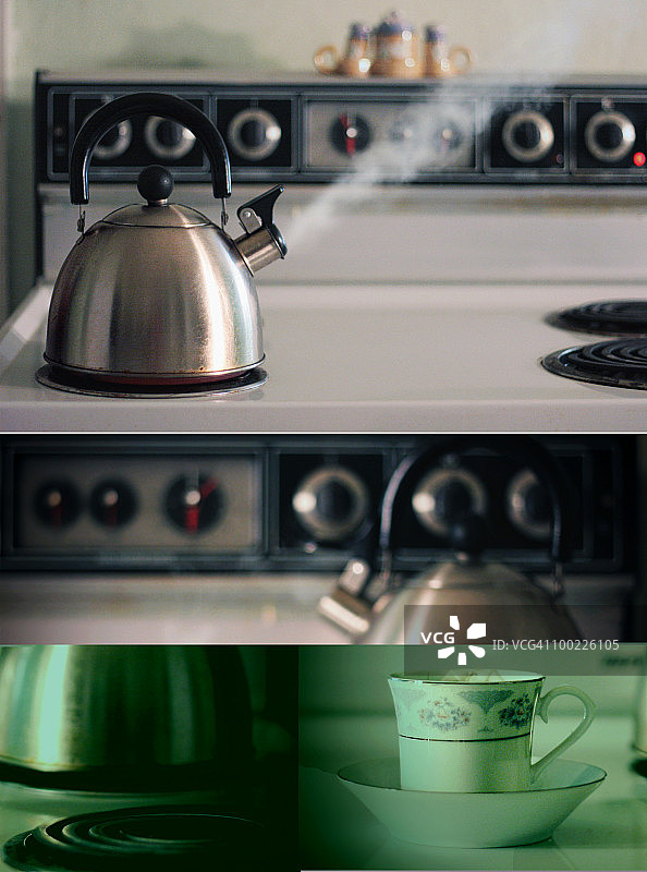 茶壶和蒸汽的二联画图片素材