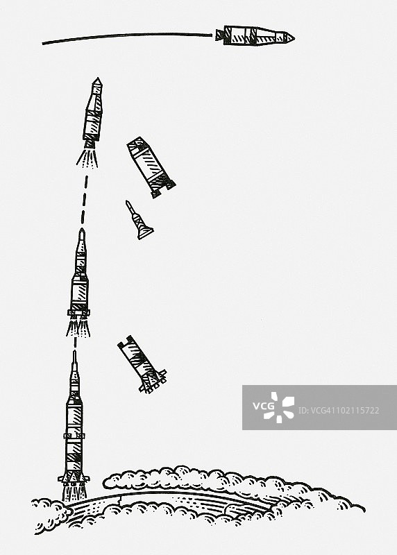 土星五号火箭发射的黑白插图图片素材