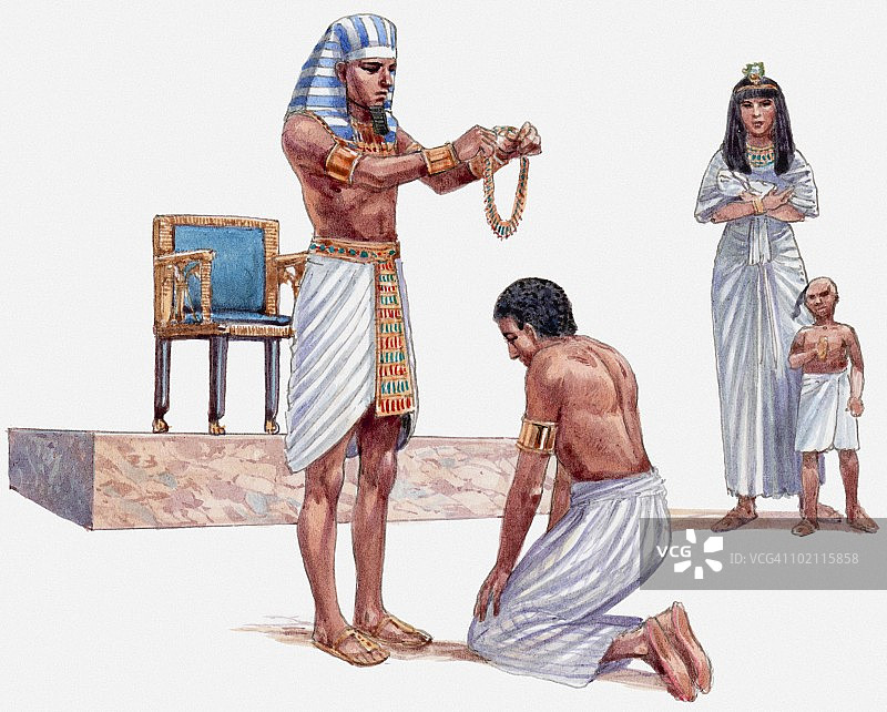 法老将金链赠予跪着的约瑟，法老的女儿和约瑟未来的妻子站在附近的插图，《创世纪》图片素材